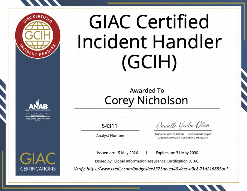 GIAC GCIH Certificate - Corey Nicholson